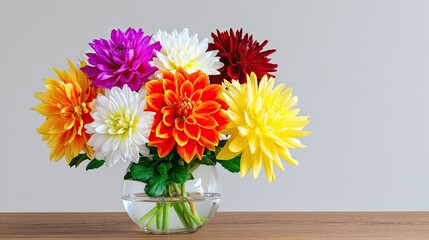 Fototapeta premium Vibrant and Colorful Flower Arrangement in Clear Vase on Wooden Table with Soft Gray Background for Home Decor and Floral Inspiration