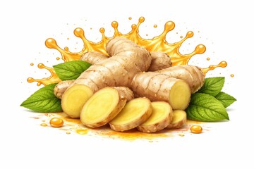 Fresh ginger root with slices and golden splash on white background. Realistic isolated ingredient for beverage design, wellness products and food packaging.