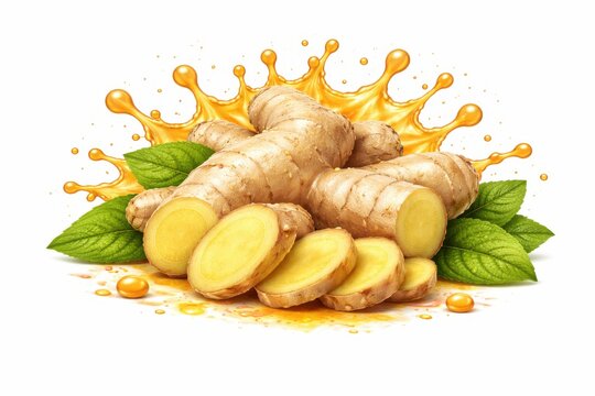 Fresh ginger root with slices and golden splash on white background. Realistic isolated ingredient for beverage design, wellness products and food packaging.