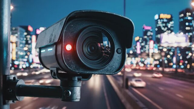 Closeup of surveillance camera mounted on pole overlooking busy urban highway at night. Security system monitoring city traffic flow with neon lights and skyscrapers in background for urban safety