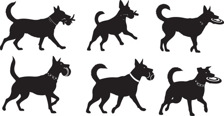 Fototapeta premium Six black dog silhouettes running with collars and open mouths