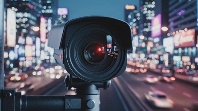 Surveillance camera monitoring urban traffic at night. Close-up view of security device overlooking city lights and moving vehicles. Modern technology for metropolis safety concept (138 characters)