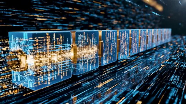 Glowing Digital Blockchain with Translucent Data Blocks Locking into Secure Chain with Gold Pulse Animation