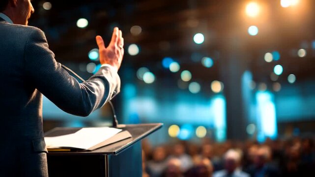 Professional Speaker Addressing Audience at Conference with Microphone and Podium.