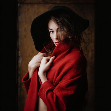 Ausdrucksstarkes Portr&auml;t einer Frau mit schwarzem Hut und rotem Mantel. Dramatisches Licht, intensive Stimmung und elegante, moderne Fashion-&Auml;sthetik.