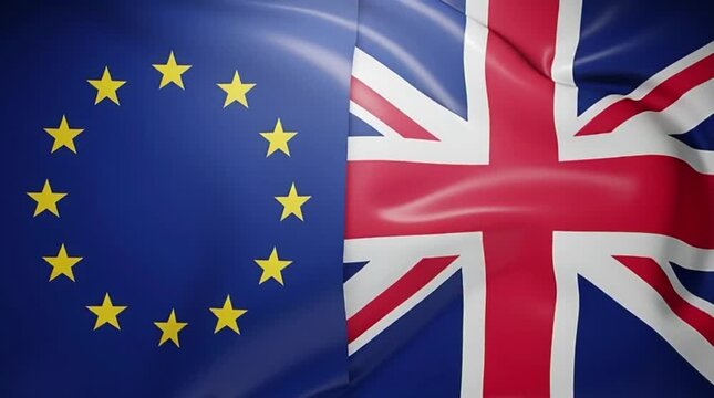 Waving Flags of the European Bloc and Great Britain Displayed Side by Side, Representing Complex Political and Economic Ties