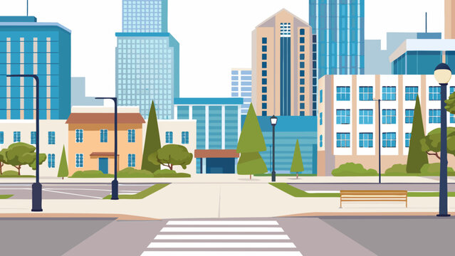 A colorful illustrated cityscape featuring modern and classic buildings