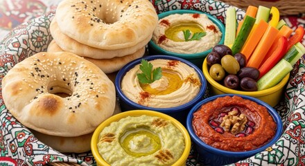 Assortment of Middle Eastern dips and flatbread served in a decorative basket arrangement