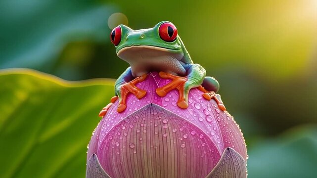 Red-Eyed Tree Frog Perched on Pink Lotus Bud in Golden Sunlight.
