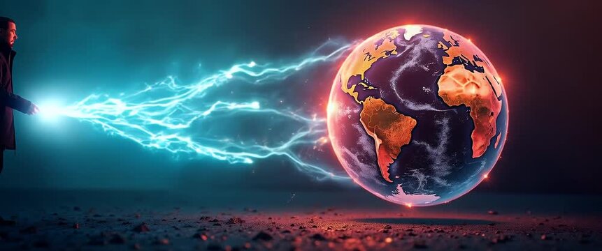 A man harnesses energy from a glowing Earth, with electric currents connecting them, as the camera slowly pans across the cinematic scene, capturing ambient lights flickering in the background.