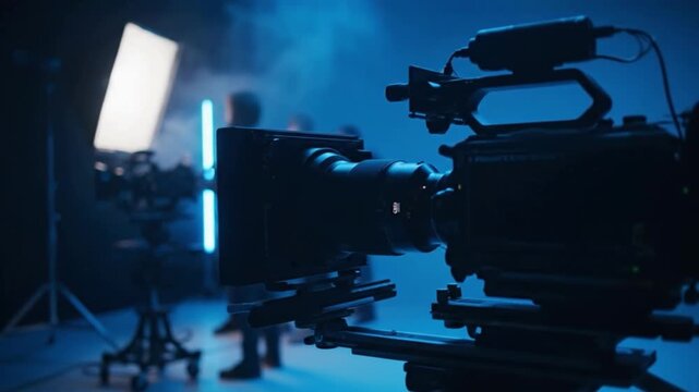 Professional film set with high-end camera and neon blue lighting