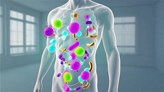 A visualization of the human microbiome colorful, friendly bacteria and viruses forming a symbiotic, swirling network inside a translucent body.