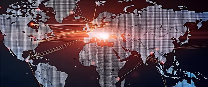 Futuristic digital map displays glowing global connections as camera slowly pans across, highlighting data flow in a cinematic, tech-inspired style for compelling visual storytelling.