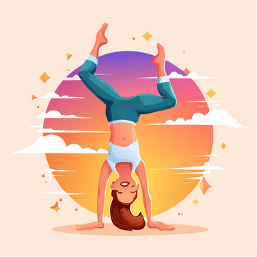 Woman doing a handstand against a colorful sunset sky with clouds