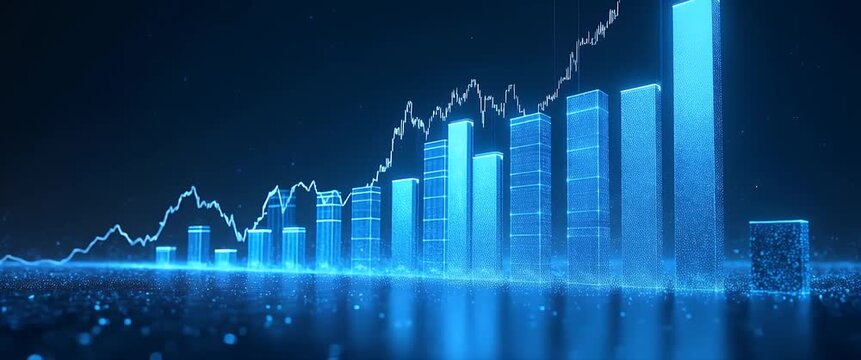 Futuristic digital graph bars rise dynamically as the camera smoothly pans across a glowing financial landscape, with subtle ambient motion in a cinematic, tech-inspired style.