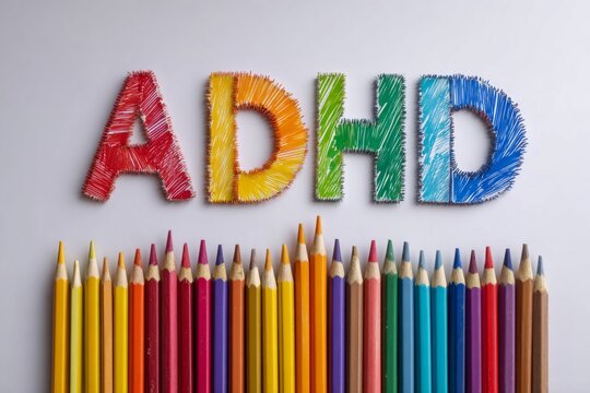 Colorful Pencils with ADHD Spelled Out in Bright Spiky Letters on White Background
