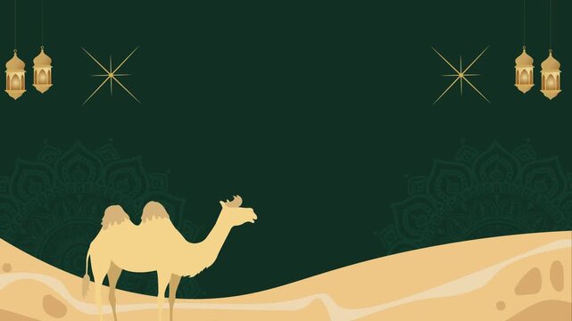 Ramadan Mubarak Animation with Camel in the Desert Hanging Lanterns and Mandalas on Green Background