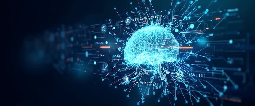 Futuristic digital brain interface with glowing neural network nodes animates as the camera slowly pans, highlighting advanced technology and innovation in a sleek, cinematic style.