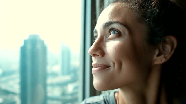 Smiling woman looking out of a window at the city skyline.