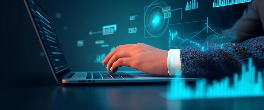 Business professional holds tablet with holographic cityscape model; camera gently tracks left to right in futuristic office, ambient lights flicker, cinematic style.