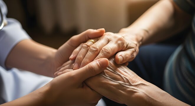Nurse holding elderly patient's hands for comfort