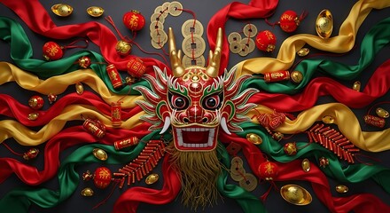 Fototapeta premium Vibrant Chinese New Year Celebration with Dragon Dance Performance Featuring Colorful Ribbons and Ornaments