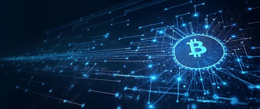 Glowing bitcoin symbol with dynamic network lines animates as camera gently pans, creating a cinematic visualization of cryptocurrency growth and blockchain technology evolution.