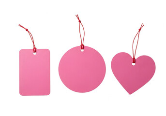 Three pink gift tags in rectangular, circular, and heart shapes isolated on transparent background