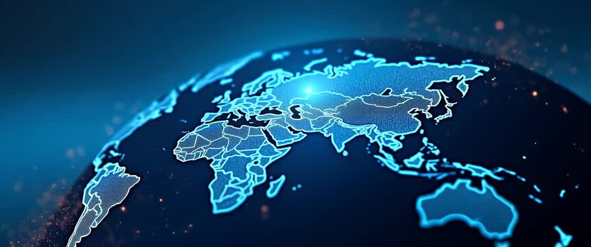 Glowing digital world map rotates slowly as the camera pans gently across a futuristic, starry background, highlighting global connectivity and innovation in a cinematic style.