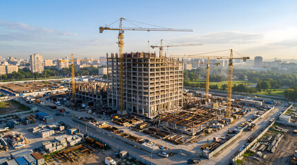 Wide Angle Aerial Drone Shot of Residential Building Construction with Multiple Cranes