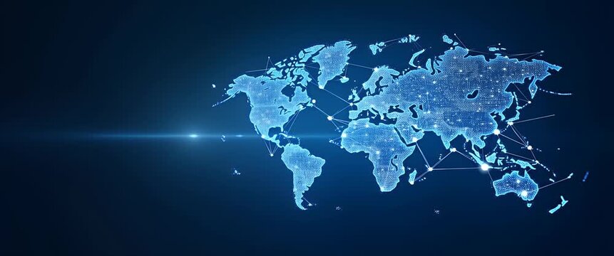 Futuristic digital world map with glowing connections, network nodes gently pulsing; slow cinematic pan across a dark blue background, highlighting global connectivity and technology.