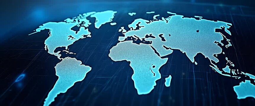Digital world map with glowing connections, as camera slowly pans across a futuristic, holographic interface, evoking global connectivity and technology in a cinematic style.