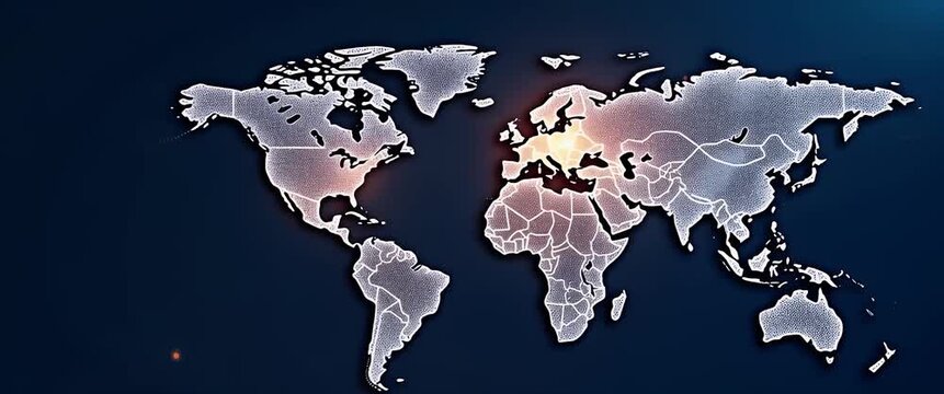 Abstract world map with glowing data points pulses gently as the camera slowly pans; cinematic style enhances global connectivity, technology, and innovation themes.