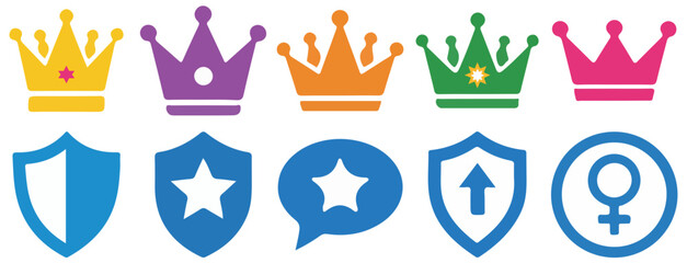 Colorful Crowns And Shield Icon Set