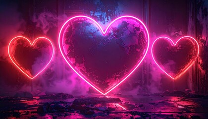 Neon Hearts Glowing in a Romantic, Dreamy Atmosphere.