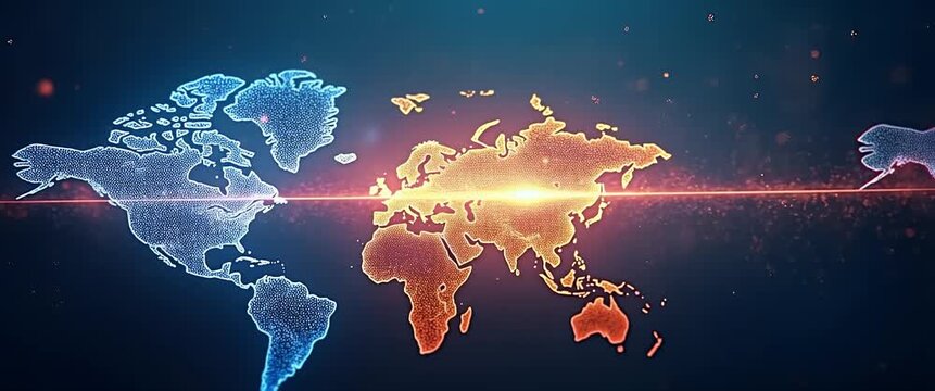 Digital world map with glowing continents gently pulsating, as the camera slowly pans across the vibrant, futuristic scene, ideal for technology, innovation, and global connectivity concepts.