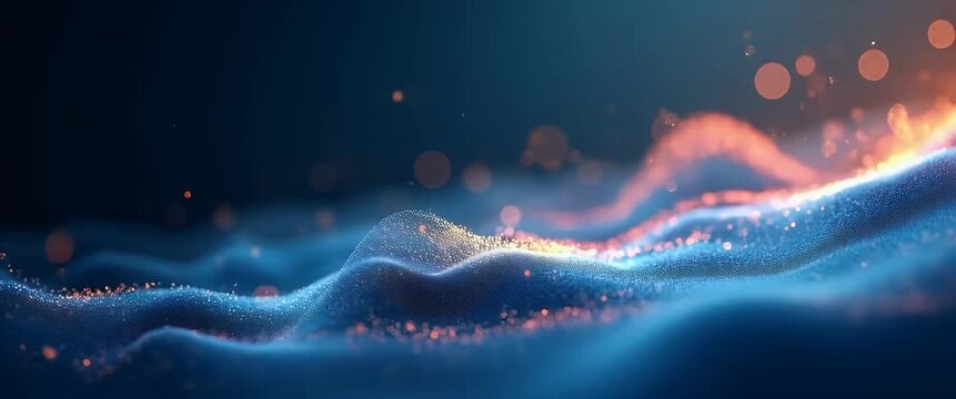 Ethereal particles cascade over undulating waves, as the camera gently pans, creating a mesmerizing, cinematic abstract scene with ambient light flickers and smooth motion.
