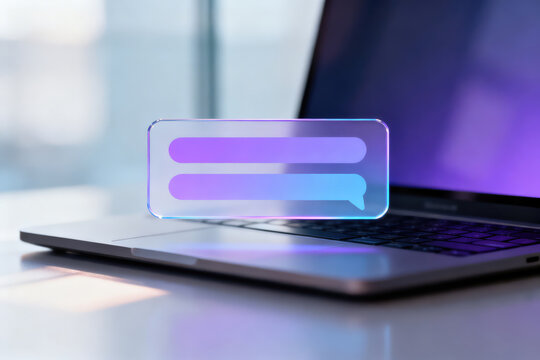 A laptop with a glowing purple and blue chat box on the screen