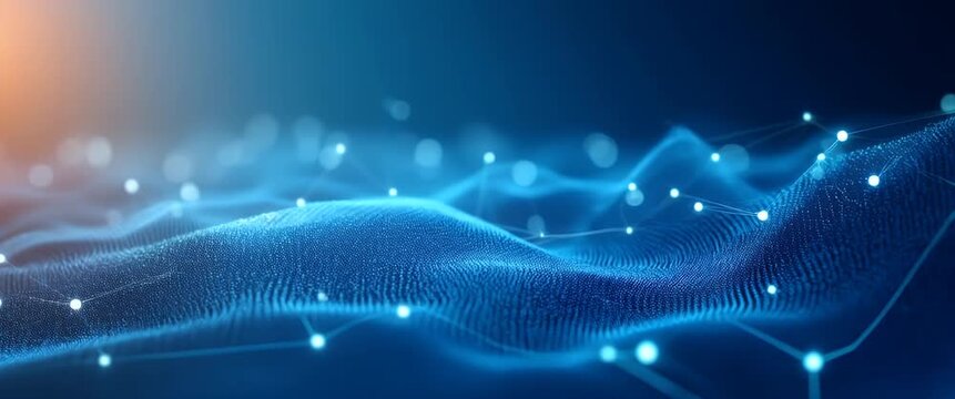 Dynamic digital waves gently undulate under a soft, ambient light as the camera slowly pans, creating a futuristic, cinematic scene perfect for technology or innovation concepts.