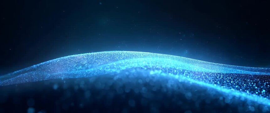 Glistening digital waves gently sway as the camera pans over a futuristic landscape, with ambient lights flickering in a cinematic, dreamlike style, perfect for technology-themed videos.
