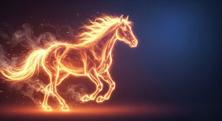 Radiant equine figure composed of glowing fire and smoke gallops across a dark background