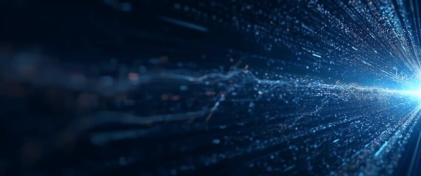 Dynamic data streams flow forward in a futuristic digital landscape, as the camera steadily tracks along, with ambient lights flickering in a cinematic, high-tech setting.