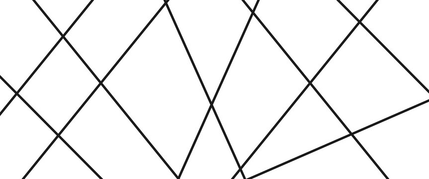 Abstract geometric background with intersecting black lines on a clean white surface, minimal linear pattern for modern web banners, headers, presentations and branding design