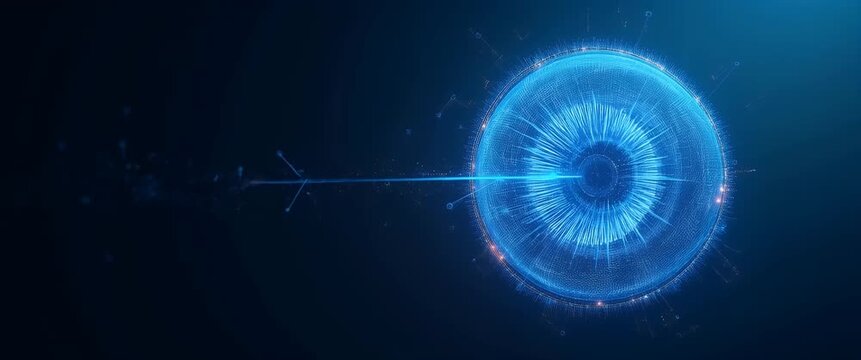 Futuristic digital sphere rotates gracefully as the camera pans slowly, with glowing data streams flowing across a dark blue background in a cinematic, technology-inspired style.