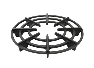 Durable black cast iron gas stove burner grate replacement part for kitchen appliances, featuring a circular design with radial spokes and concentric rings isolated on a white background.