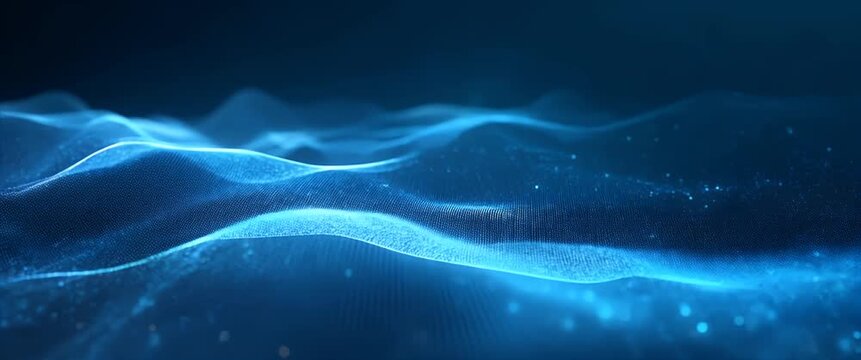 Digital waves undulate gracefully in a futuristic landscape, as the camera slowly pans across an abstract, glowing network, creating a mesmerizing, cinematic visualization of technology and innovation