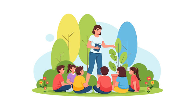 Teacher Reading Book to Children in Nature - Outdoor Education Illustration