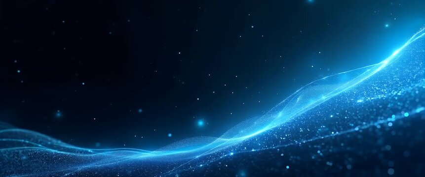 Gently undulating digital waves shimmer under a starlit sky, as the camera pans slowly across the cosmic landscape in a serene, cinematic style, evoking futuristic technology themes.
