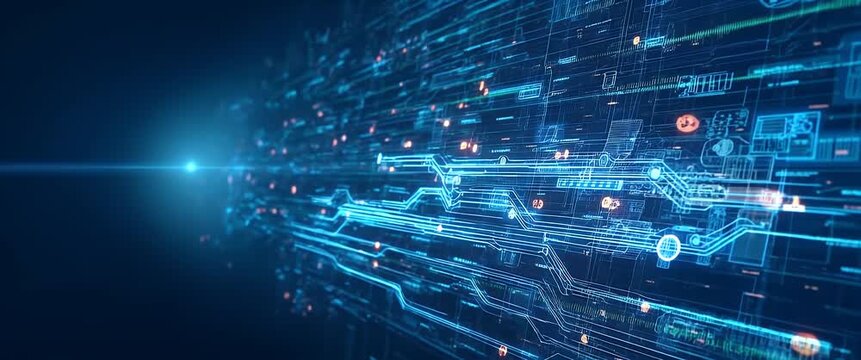 Futuristic digital interface with dynamic data streams gliding across a holographic screen; camera slowly pans to reveal an expansive virtual network; cinematic, technology-focused ambiance.