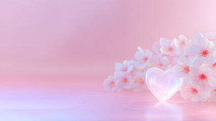 桜の花束と輝くクリスタルなハートが並ぶ、幻想的でロマンチックな春のピンクの背景